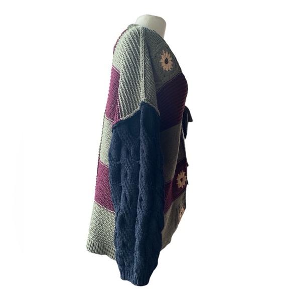 POL Color Block Floral Striped Waist Tie Loop Cardigan, medium oversized - Picture 7 of 12